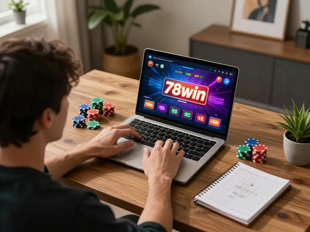 Gamer engaging with 78win on laptop showcasing vibrant casino graphics.