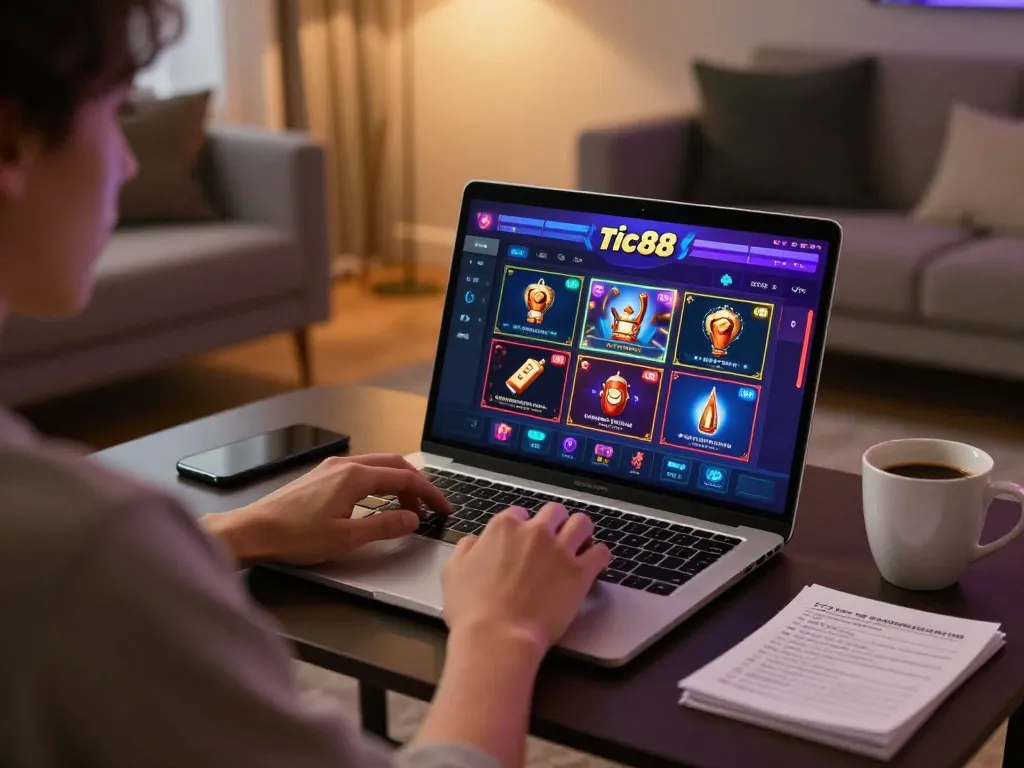 Engage with tic88's online casino games at home, featuring a vibrant gaming setup and strategic planning elements.