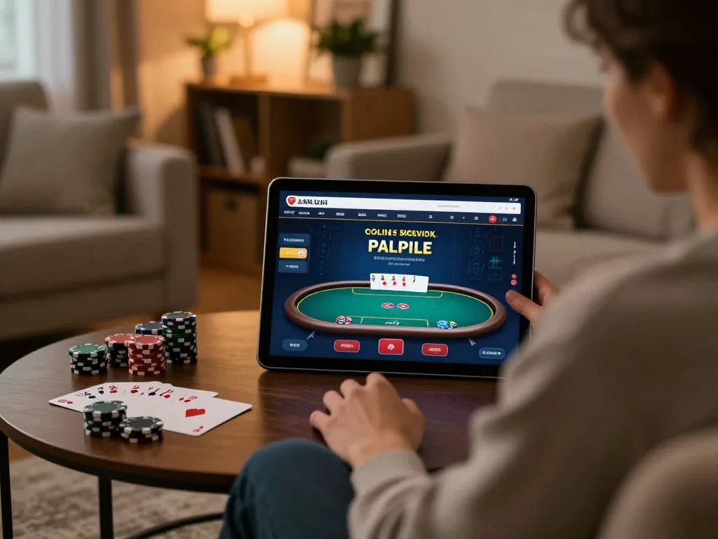 Experience NK88 online poker on a tablet in a cozy living room, with strategy notes and warm lighting.