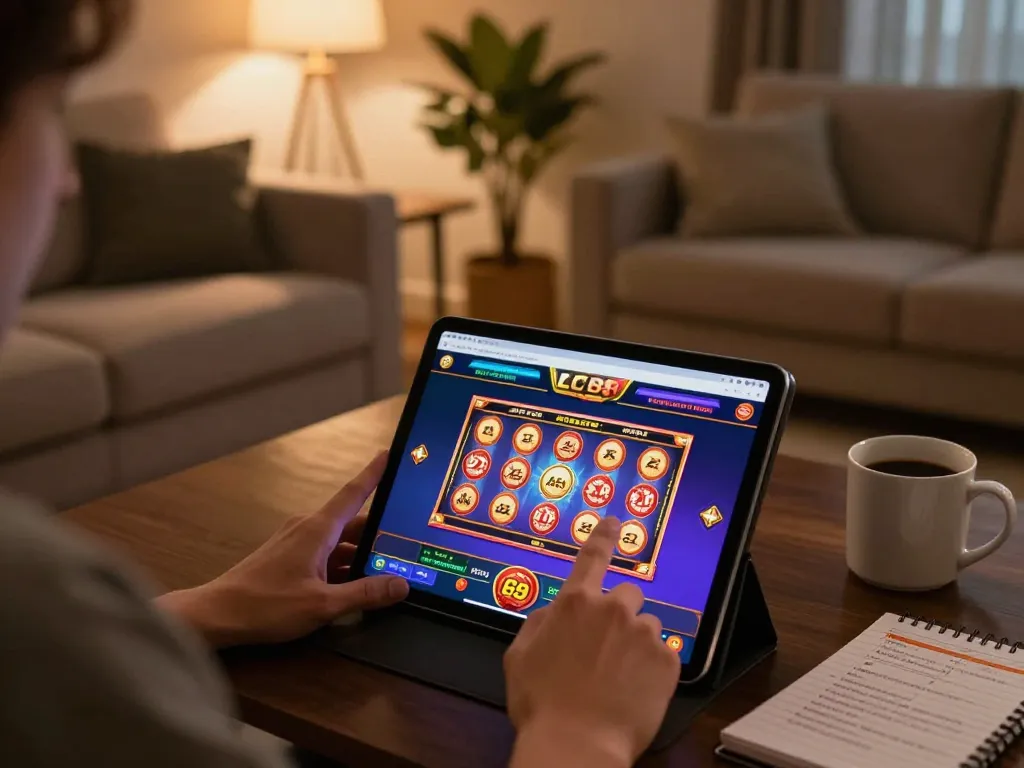 Engaging with the LC88 casino app on tablet in a cozy home setting.