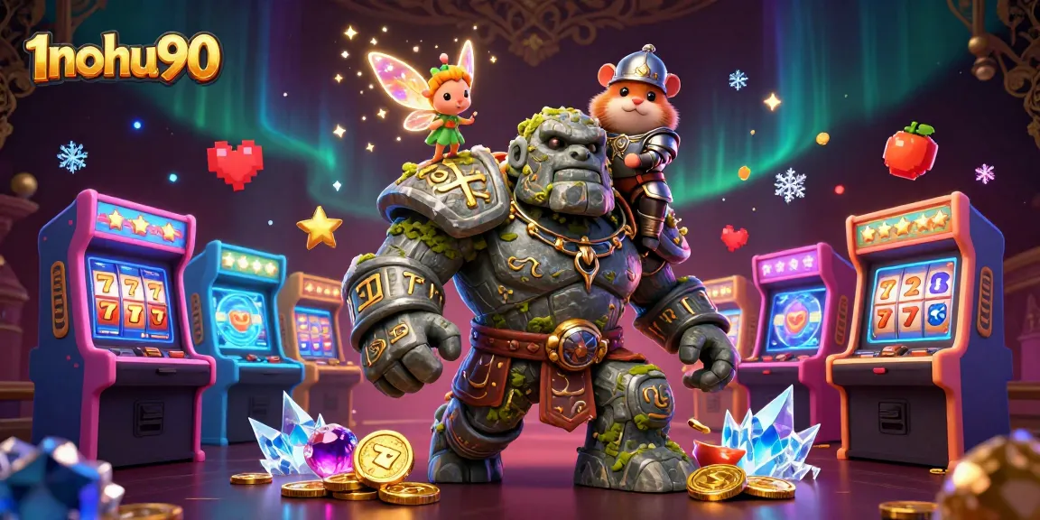 Experience the excitement of 1nohu90 with a magical casino scene featuring characters and slot game elements.