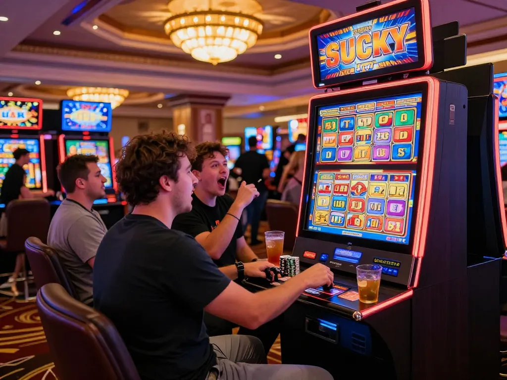 Engaging scene at Lucky88 casino with players enjoying slot games, excitement in the air, and bright lights.