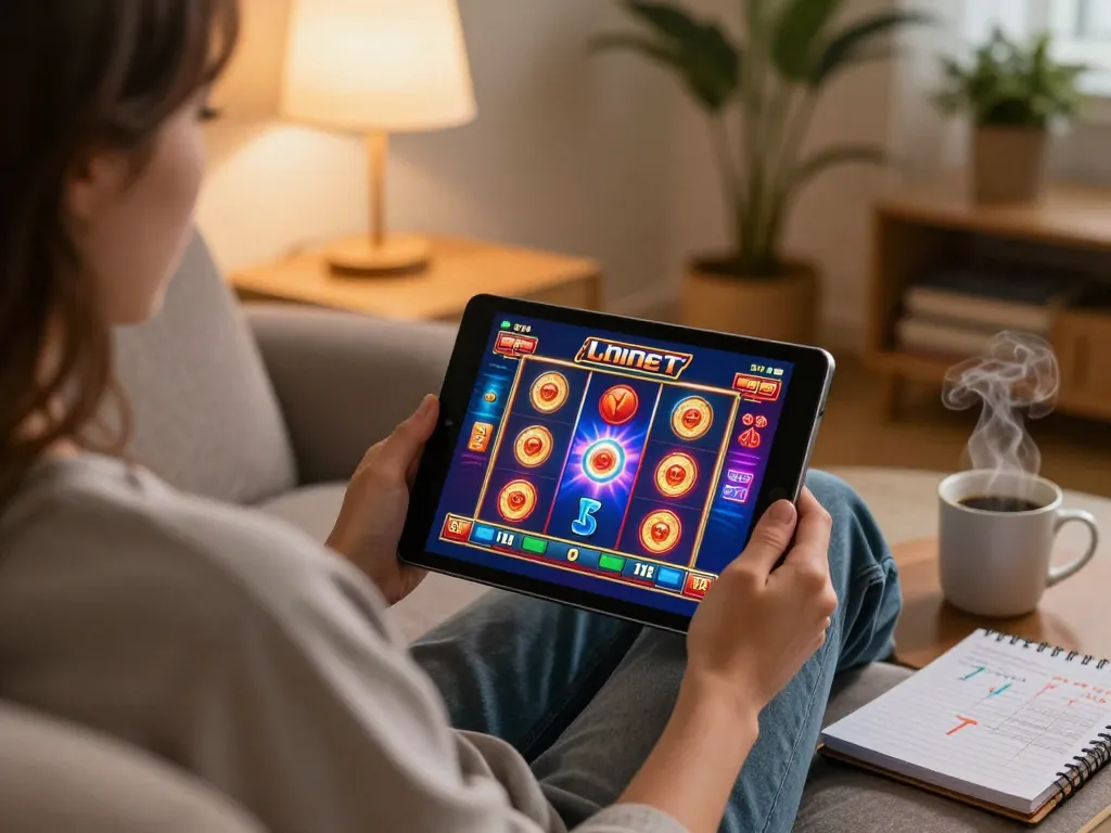 C168 player enjoying an online slot game on a tablet in a cozy home setting, promoting responsible gaming.