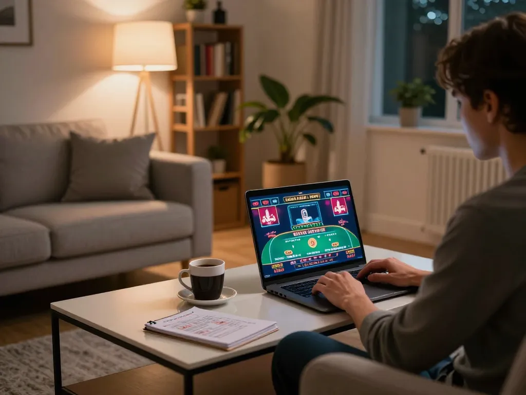 Engaging in online casino gaming at home on https://uk88.ru.com/ with laptop and betting notes.
