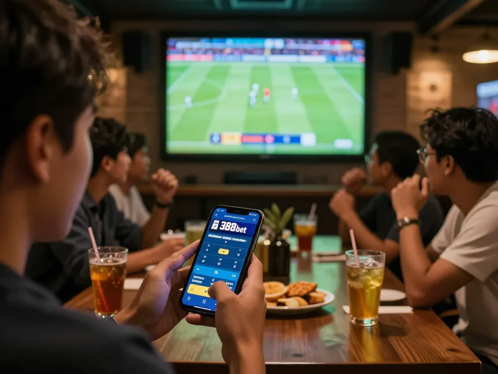 Experience the thrill of placing bets with nhà cái bóng đá 388bet using a smartphone in a sports bar setting