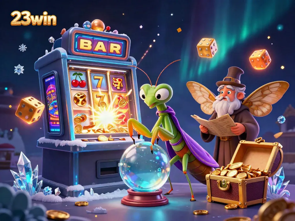 Get lucky with 23win in a vibrant, dynamic casino scene featuring magical elements and slot symbols.