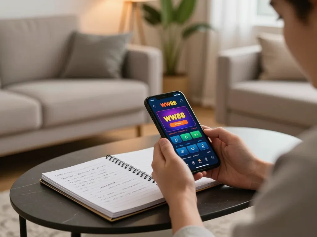 Engaging with the WW88 casino app at home, highlighting strategic online gambling