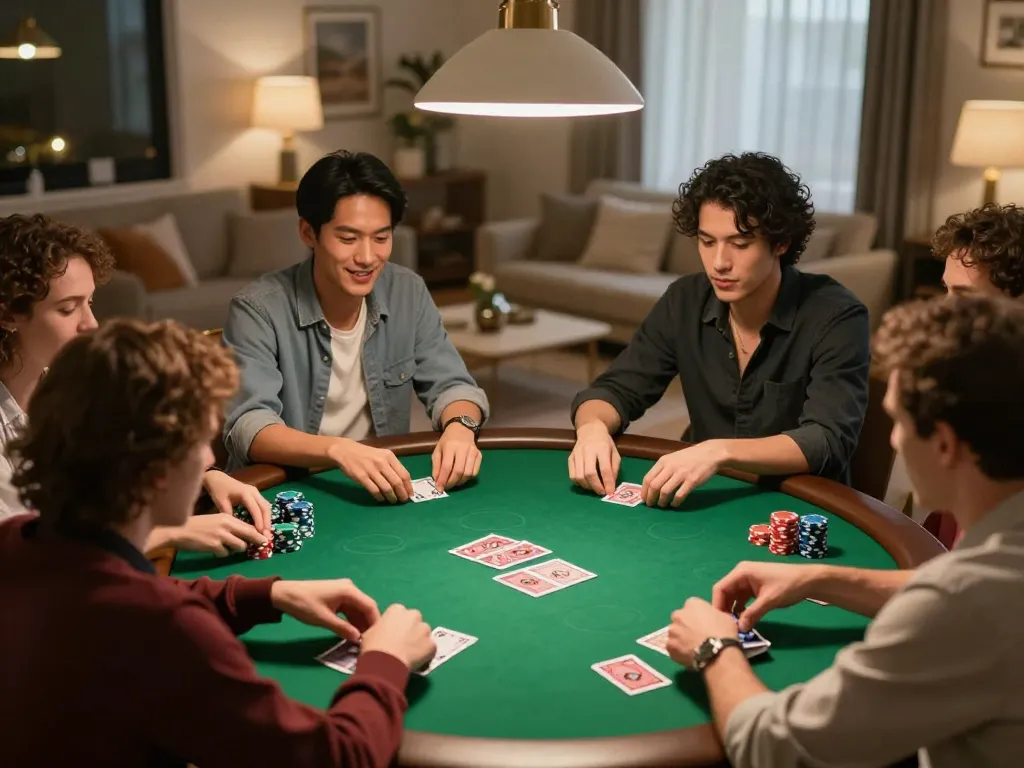 Friends enjoying a lively poker game at home, showcasing SC88's welcoming and thrilling gambling atmosphere.