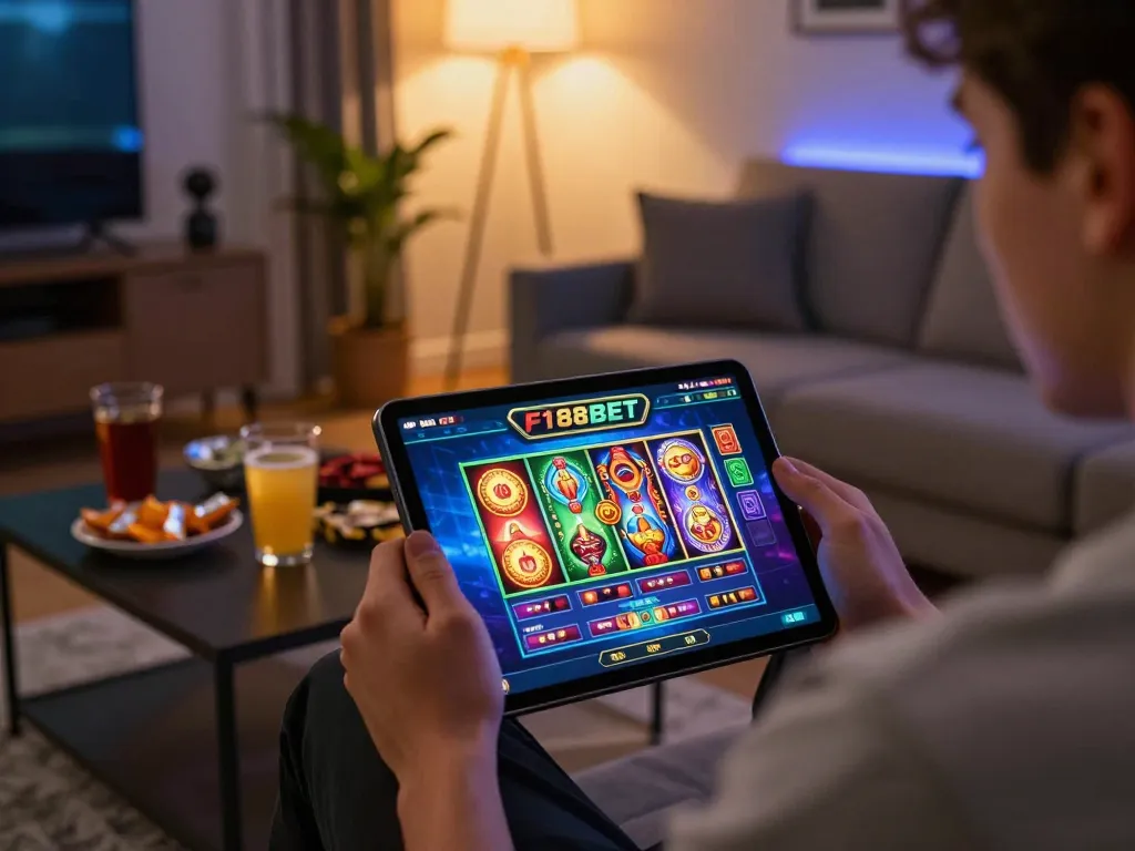 Player enjoying F168BET experience on tablet in a cozy living room while engaging with online casino games