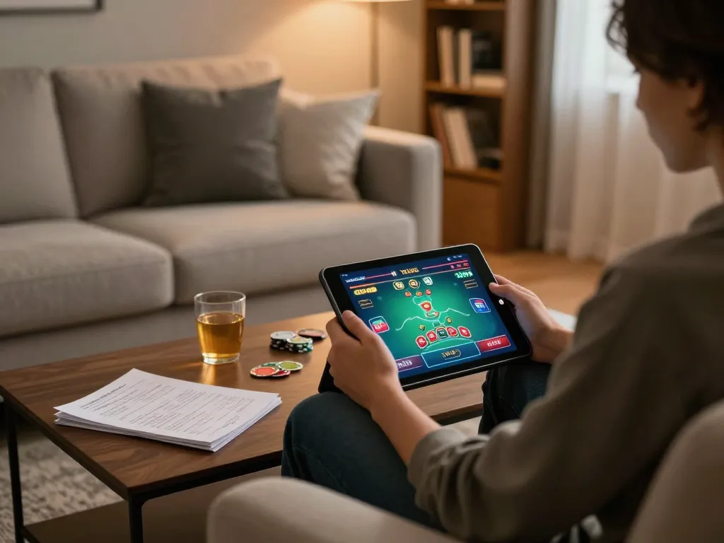 vin88 player enjoying online poker on tablet in cozy home setting, focusing on strategic gaming