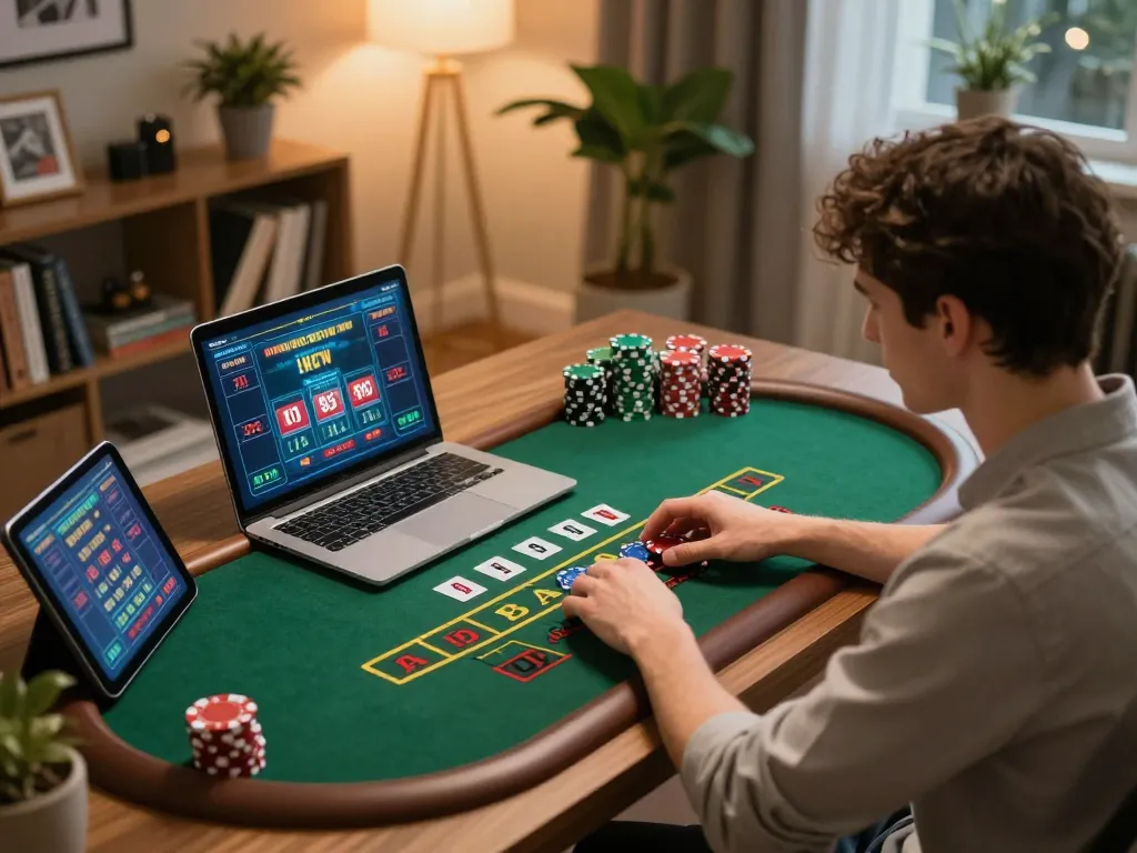 Player engaging in online blackjack at SV66, showcasing strategic gameplay in a cozy home setting