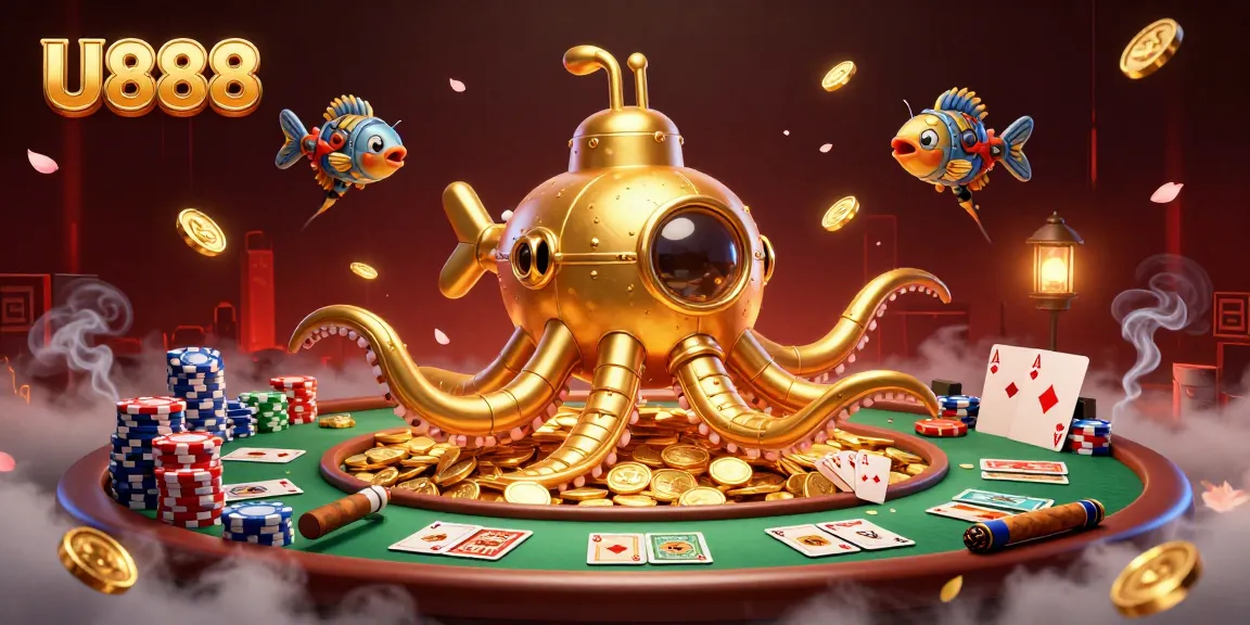 Engage with U888's thrilling 3D casino scene featuring a golden kraken amidst poker chips and cards.