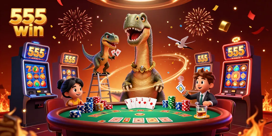Join the thrill of the 555 win experience with colorful slot reels and poker action in a vibrant casino scene.