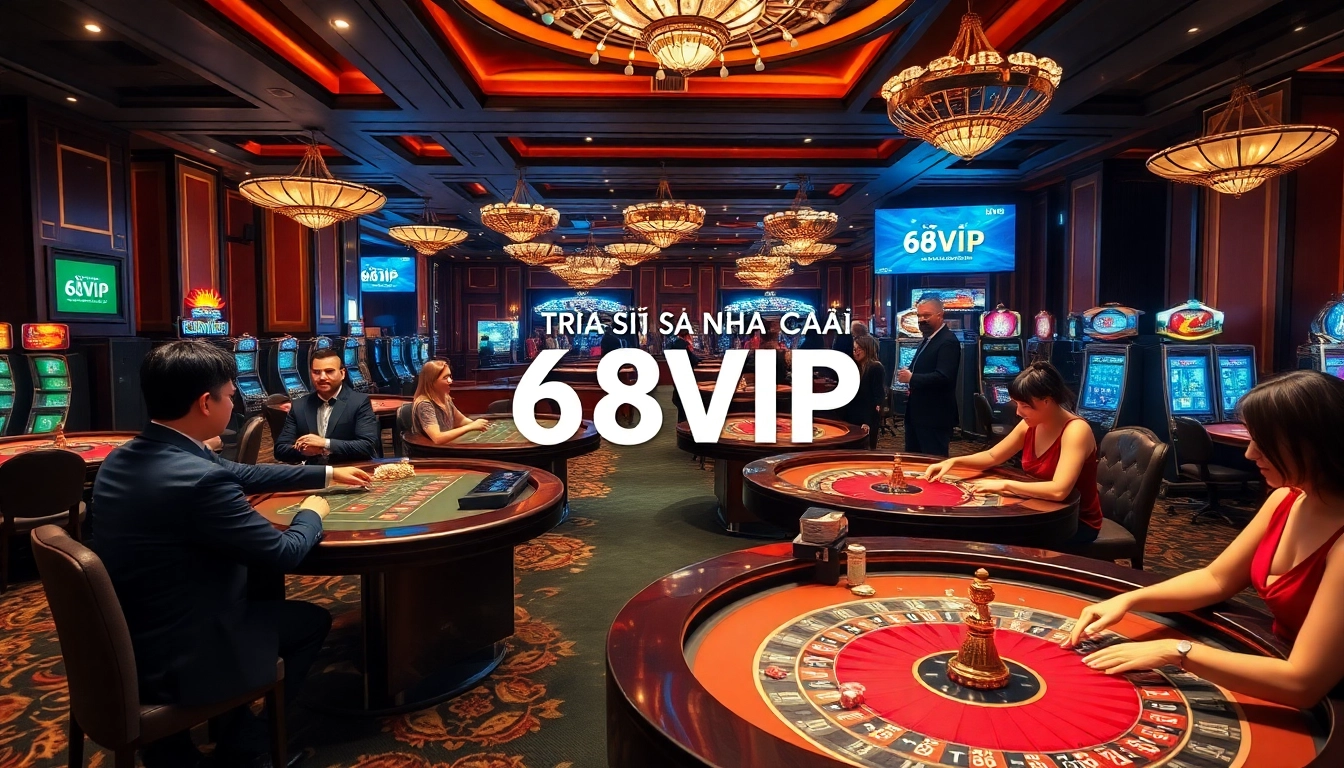 Excited players enjoying games at Trụ Sở Nhà Cái 68VIP casino, highlighting luxury and thrill in gambling.