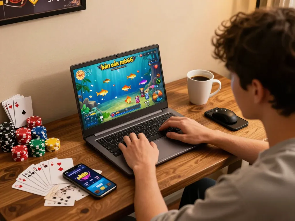 bắn cá mb66 gameplay on laptop with colorful graphics and strategic notes in a cozy gaming setup
