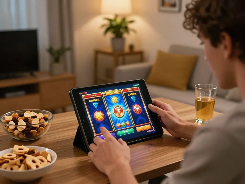 Person enjoying a thrilling online slot game at home with W188 in warm lighting.