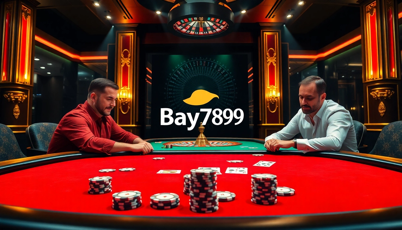High-stakes gaming at Bay789 casino with vibrant poker table and roulette wheel.
