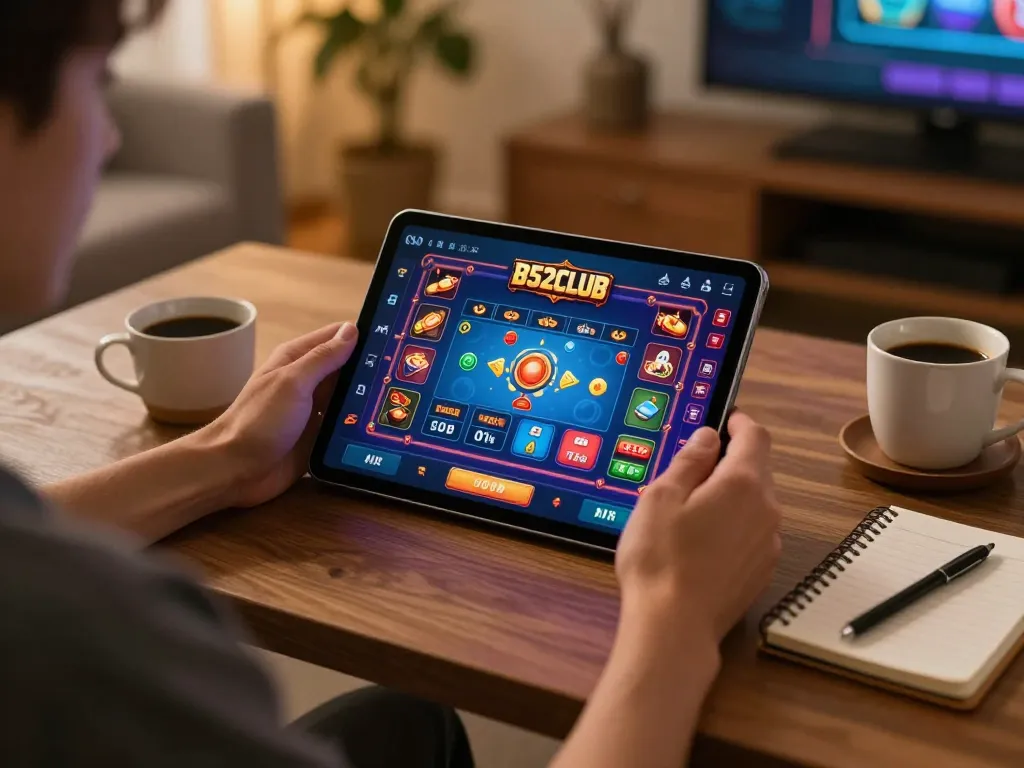 Player enjoying B52CLUB money through a tablet, showcasing exciting online casino gameplay.