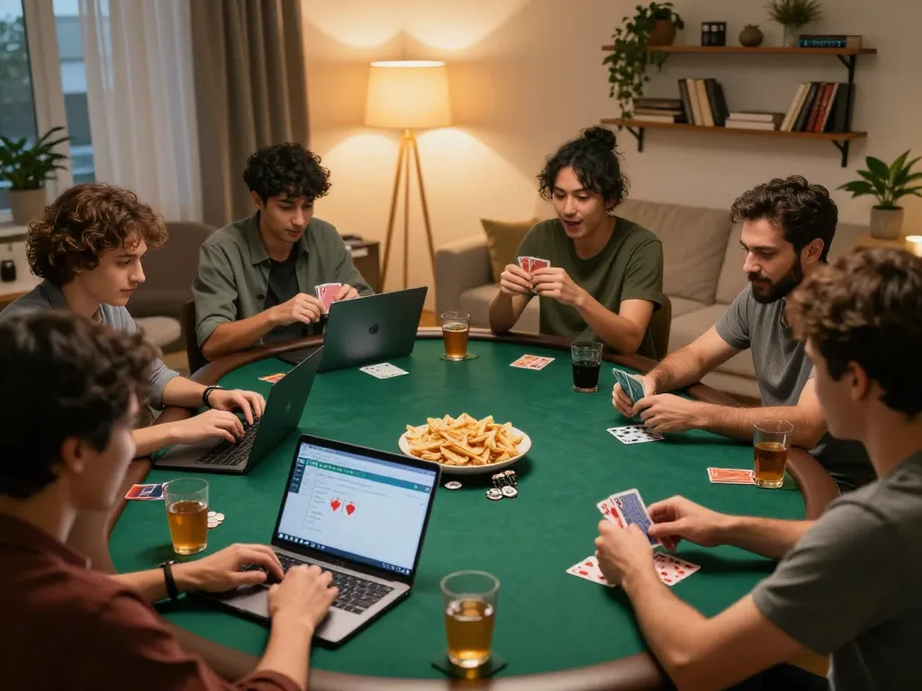 Exciting home poker game scene where players engage online, exploring strategies on 789wim platform.