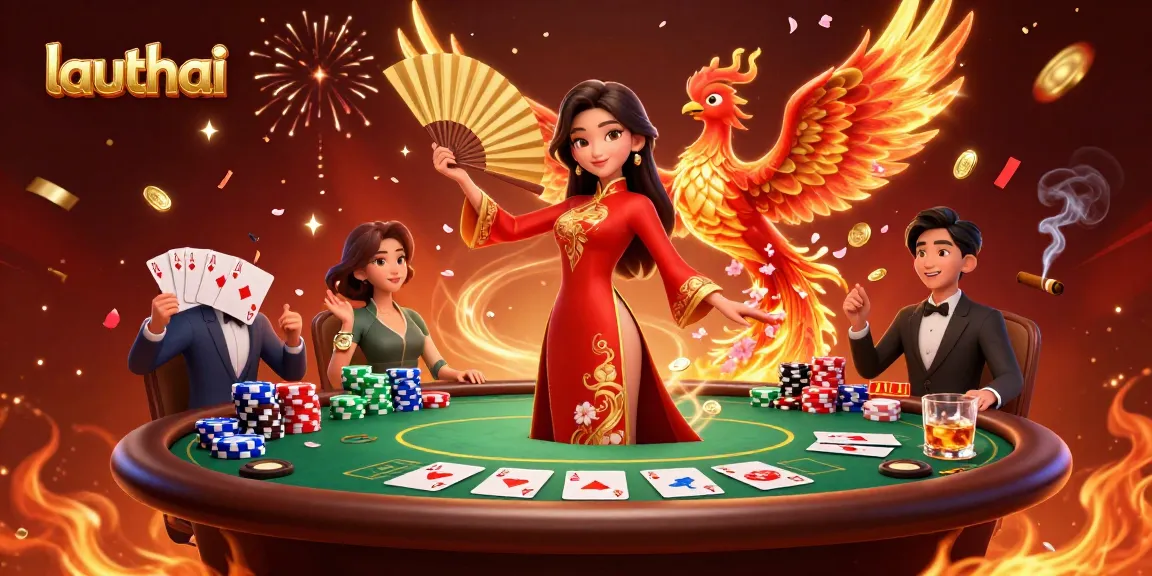 Join the excitement at lauthai with vibrant gambling elements and a semi-realistic woman in traditional attire.