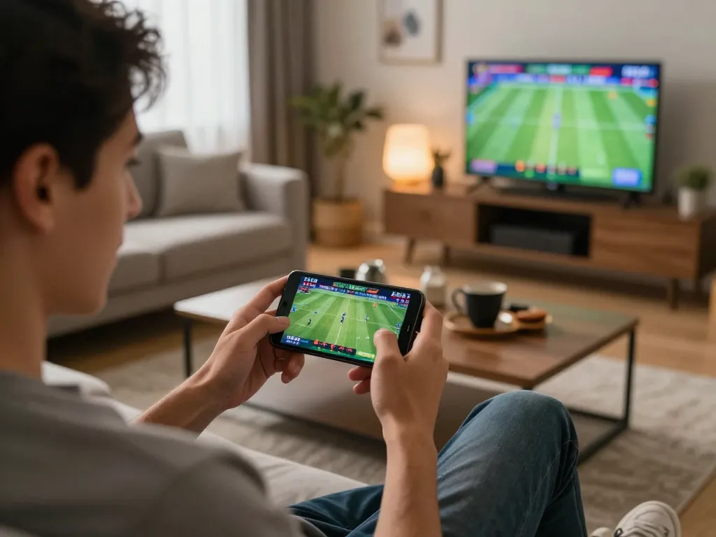 Engaging in sports betting on a smartphone at home, highlighting hz88's platform for winning strategies.