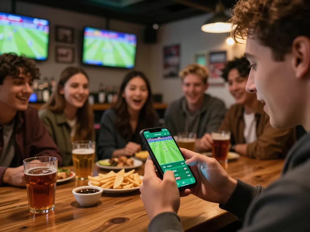 LUCK8 user placing a sports bet on mobile device in a vibrant sports bar