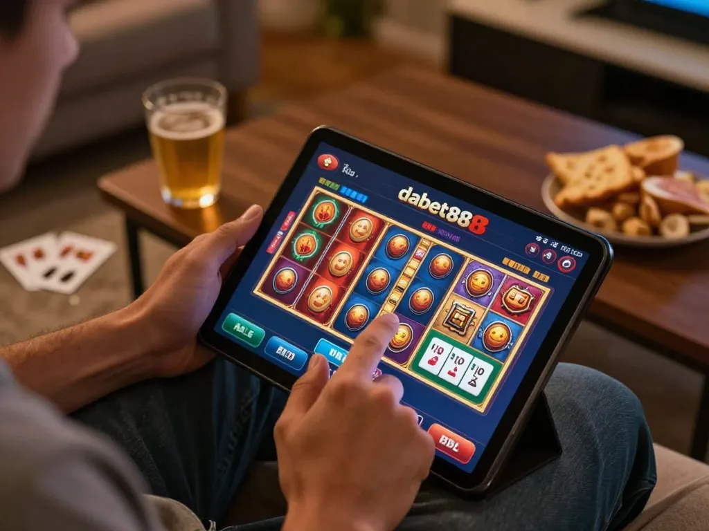 Engage with the dabet88 app on a tablet during an exciting online casino gaming session at home.