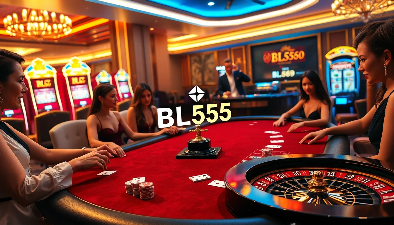 Exciting poker game at BL555 casino with professional players and glamorous setting.
