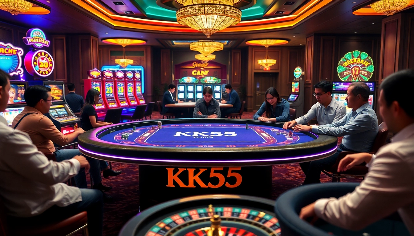 KK55 poker game in a vibrant casino with colorful chips and a spinning roulette wheel.