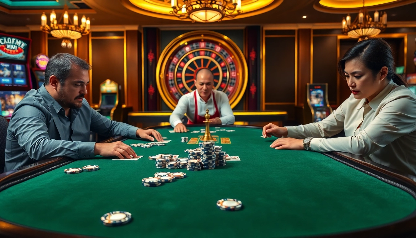 Experience a thrilling poker showdown at https://we88top.io/, showcasing high-stakes gameplay and luxurious casino ambiance.