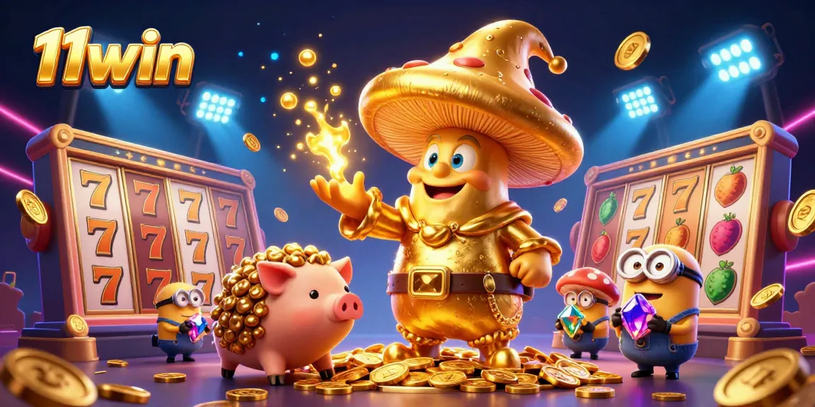 Experience the enchanting world of 11win with a bustling casino scene filled with golden treasures and vibrant slot reels.