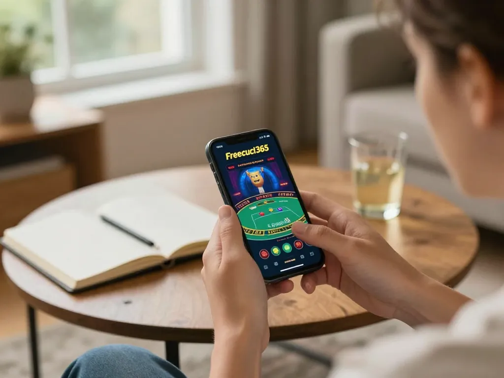 Engaging with Freecuci365 app for blackjack in a cozy home setting with strategic notes