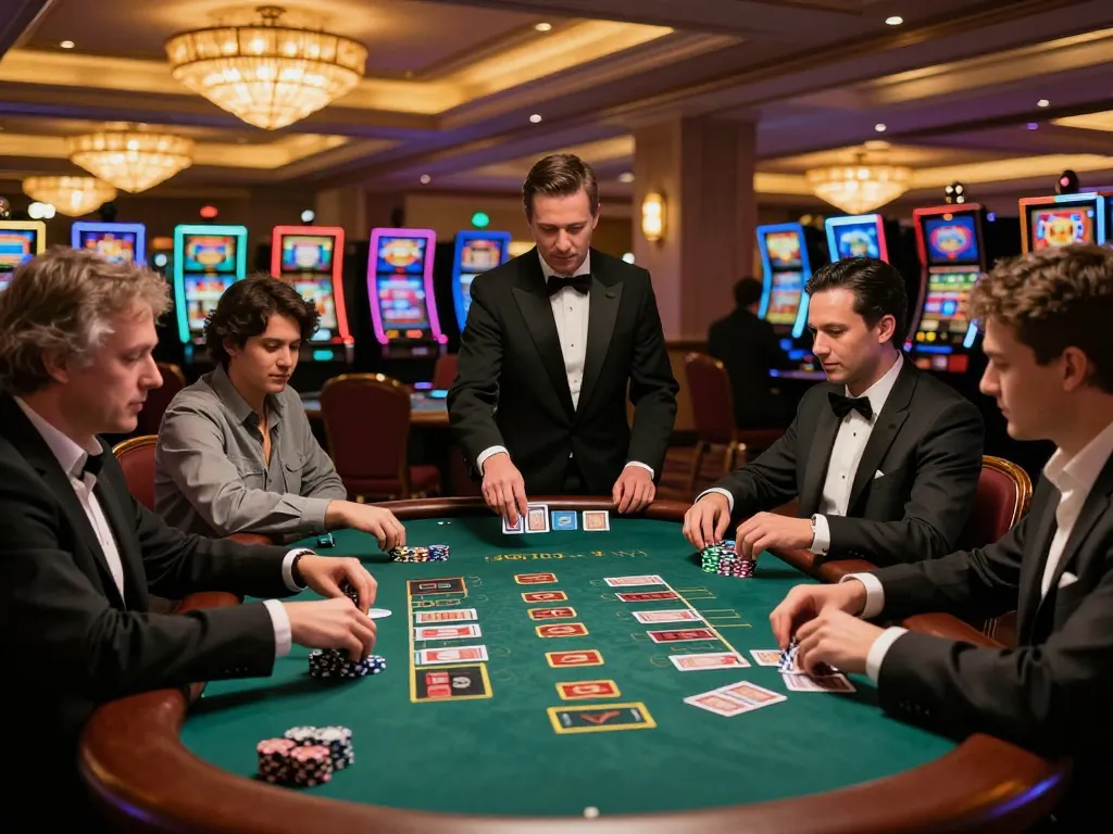 Engaged players at 8kbetcom blackjack table enjoying strategic gameplay in luxurious casino.