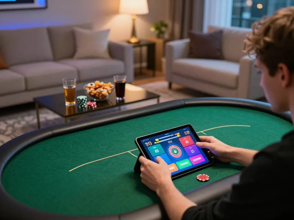 Gambling strategies unfold as a player navigates the man club online poker app on their tablet at home