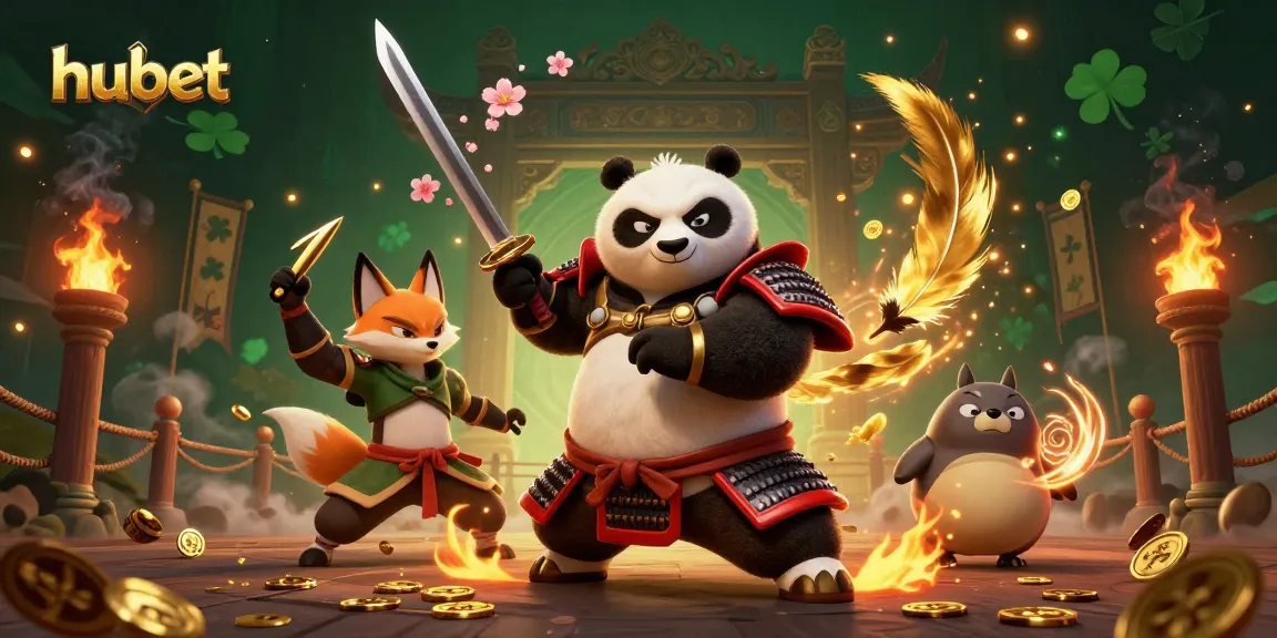 Experience excitement at hubet with a dynamic scene of a samurai panda, ninja fox, and magical tanuki in a vibrant casino setting.