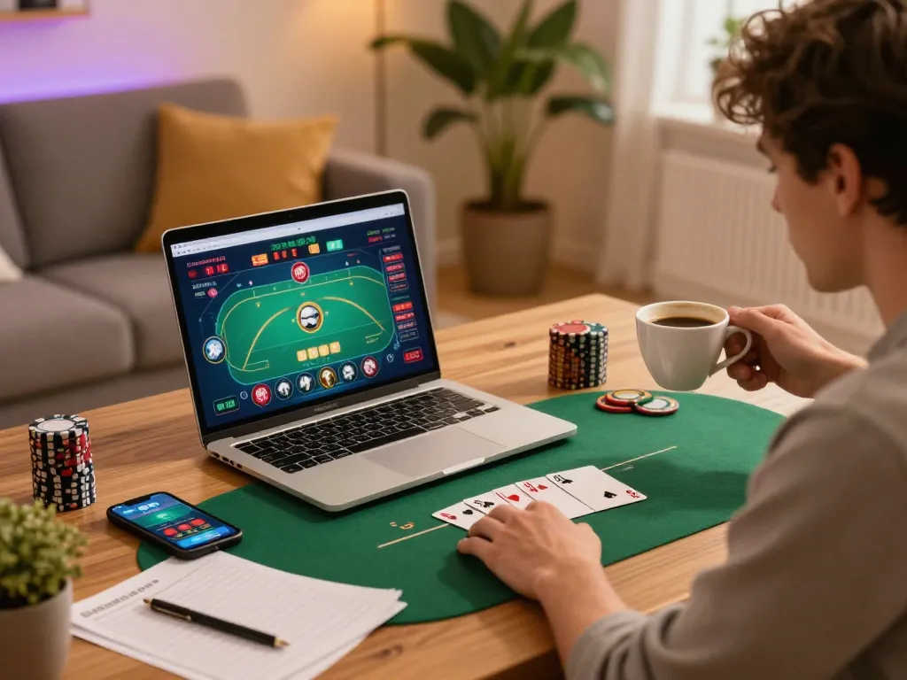 C168 player reviews betting strategy on laptop during cozy home game session