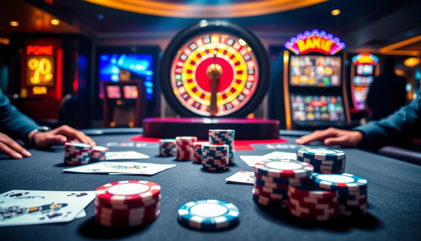 A thrilling casino scene showcasing high-stakes poker gameplay at https://vn789.xyz/ with vibrant roulette and slot machines.
