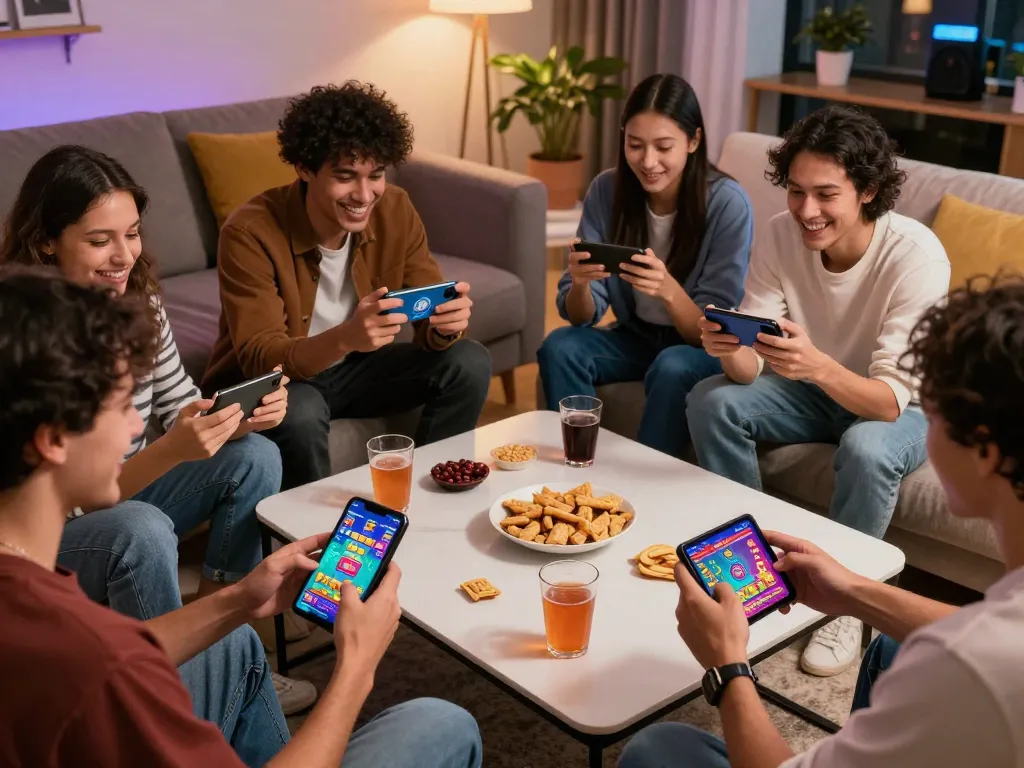 Engaged friends playing on mobile devices at https://sc88e.com/ in a vibrant gaming atmosphere.