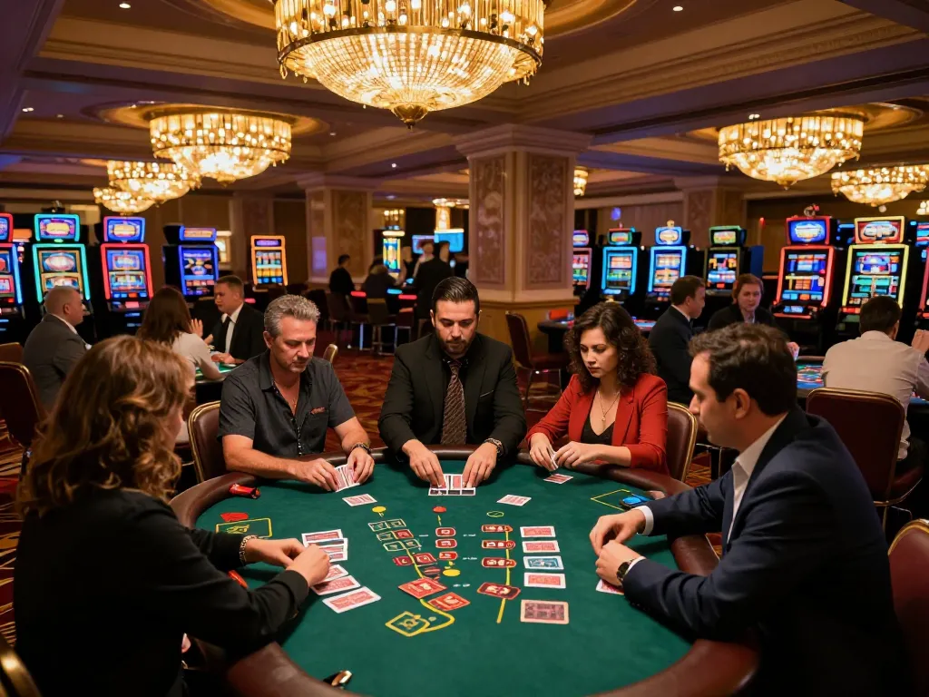 lc88 players engaging at a vibrant blackjack table in an upscale casino, capturing the excitement of gaming.