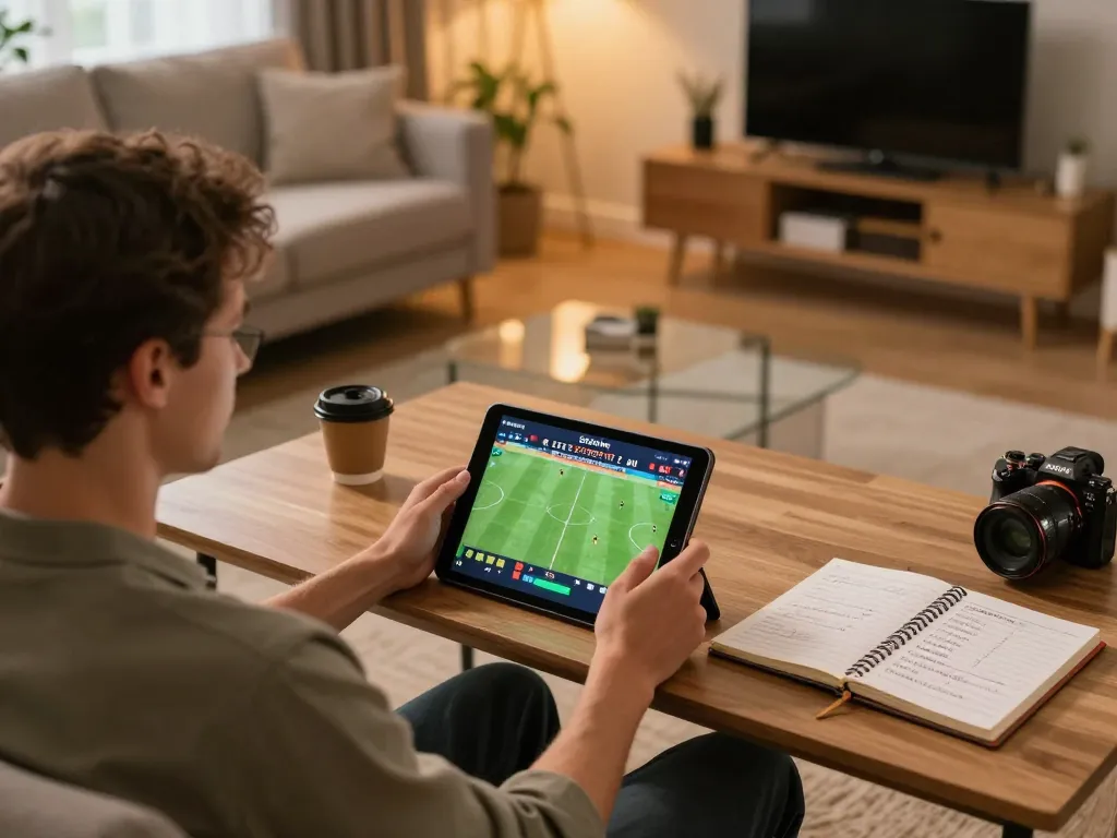 Socolive sports betting action at home gaming setup with tablet and strategy notes.