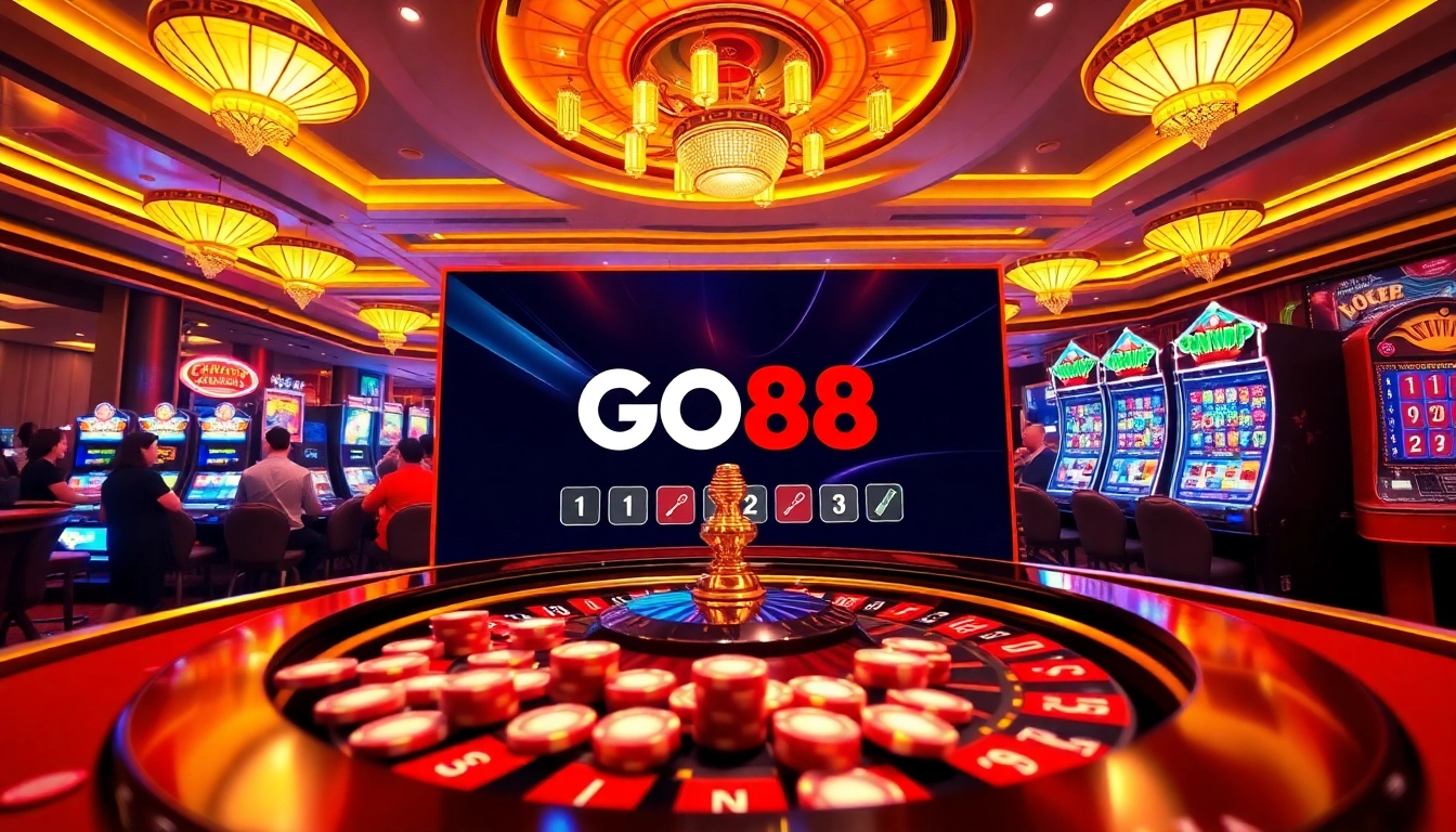 Cổng Game GO88 captures the excitement of online gambling with vibrant casino visuals.