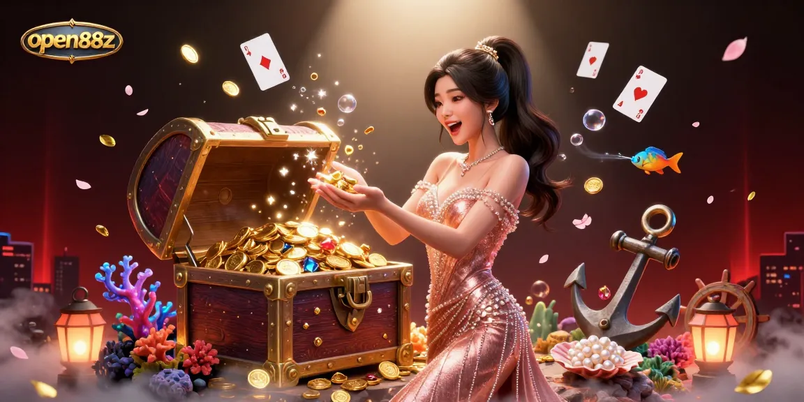 Experience thrilling wins at open88z with a dazzling woman unveiling treasures and vibrant casino elements.