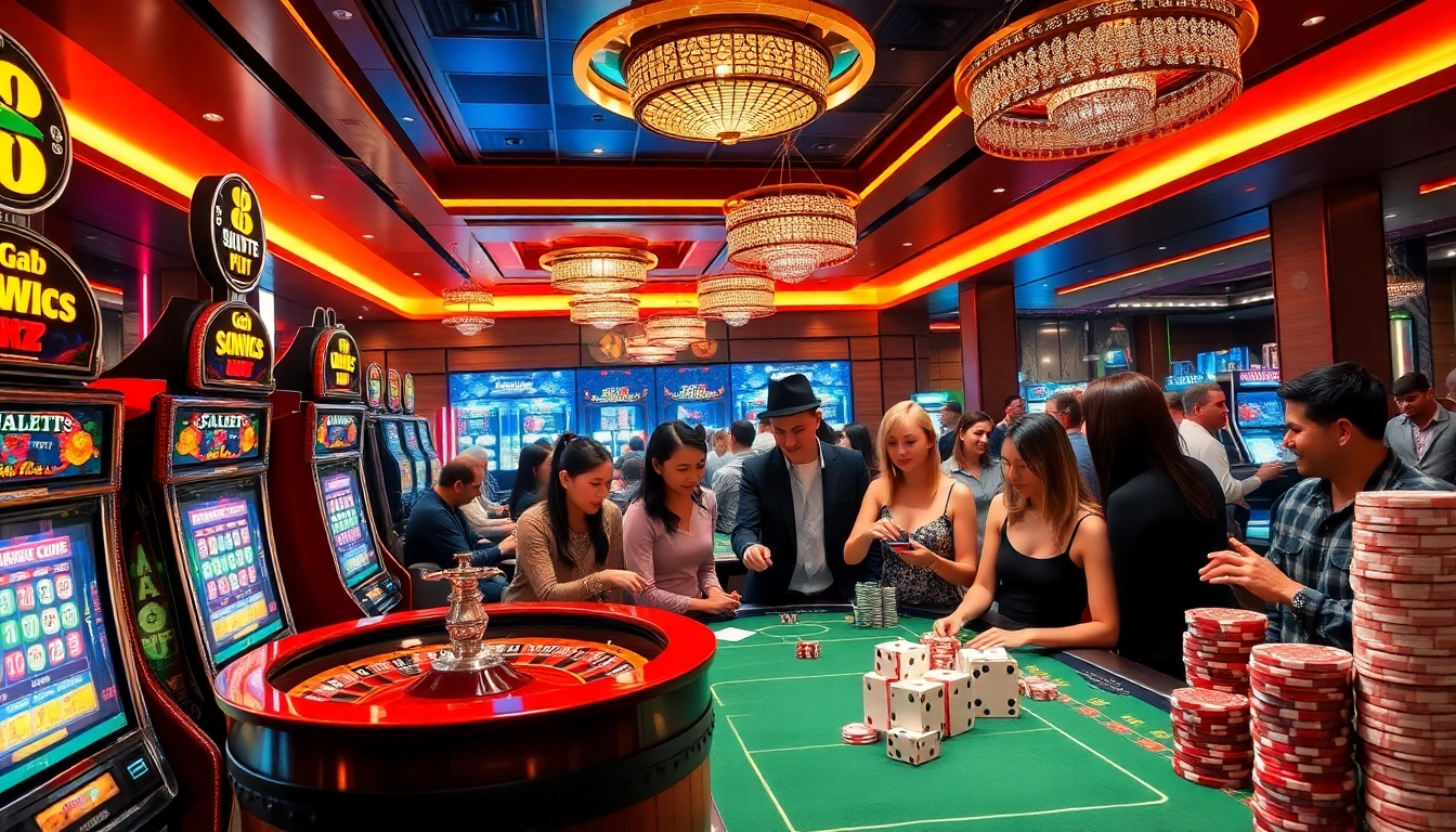 Players enjoying thrilling games at 8k8’s luxurious casino, showcasing slot machines and poker chips.