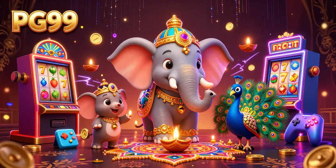 PG99 slots showcase with vibrant elephant and peacock amidst colorful casino decorations.