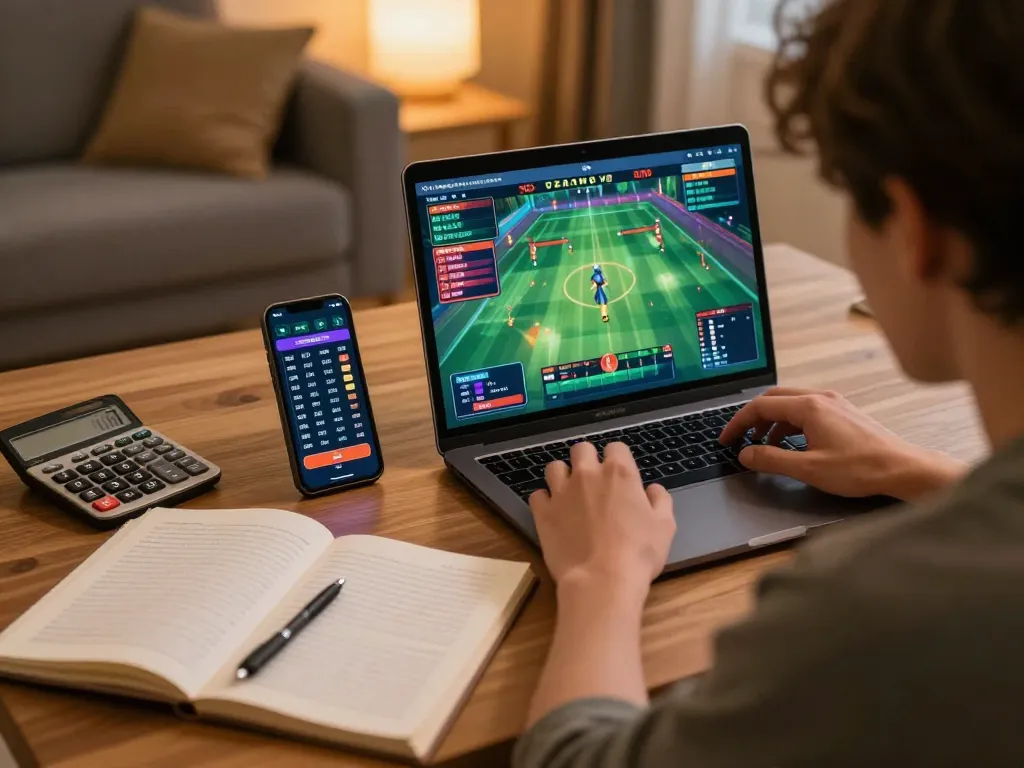 Betting on xx88: A person focused on online sports betting, notes and smartphone on the table.