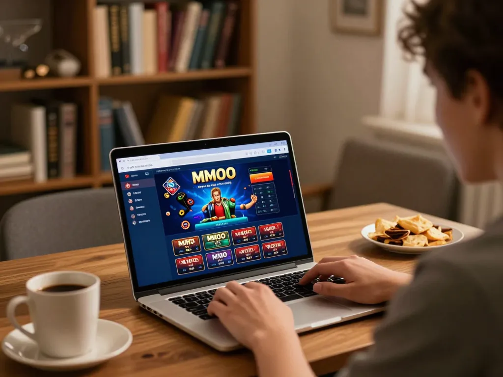 Engaging with the MMOO online gambling platform on a cozy home office setup.