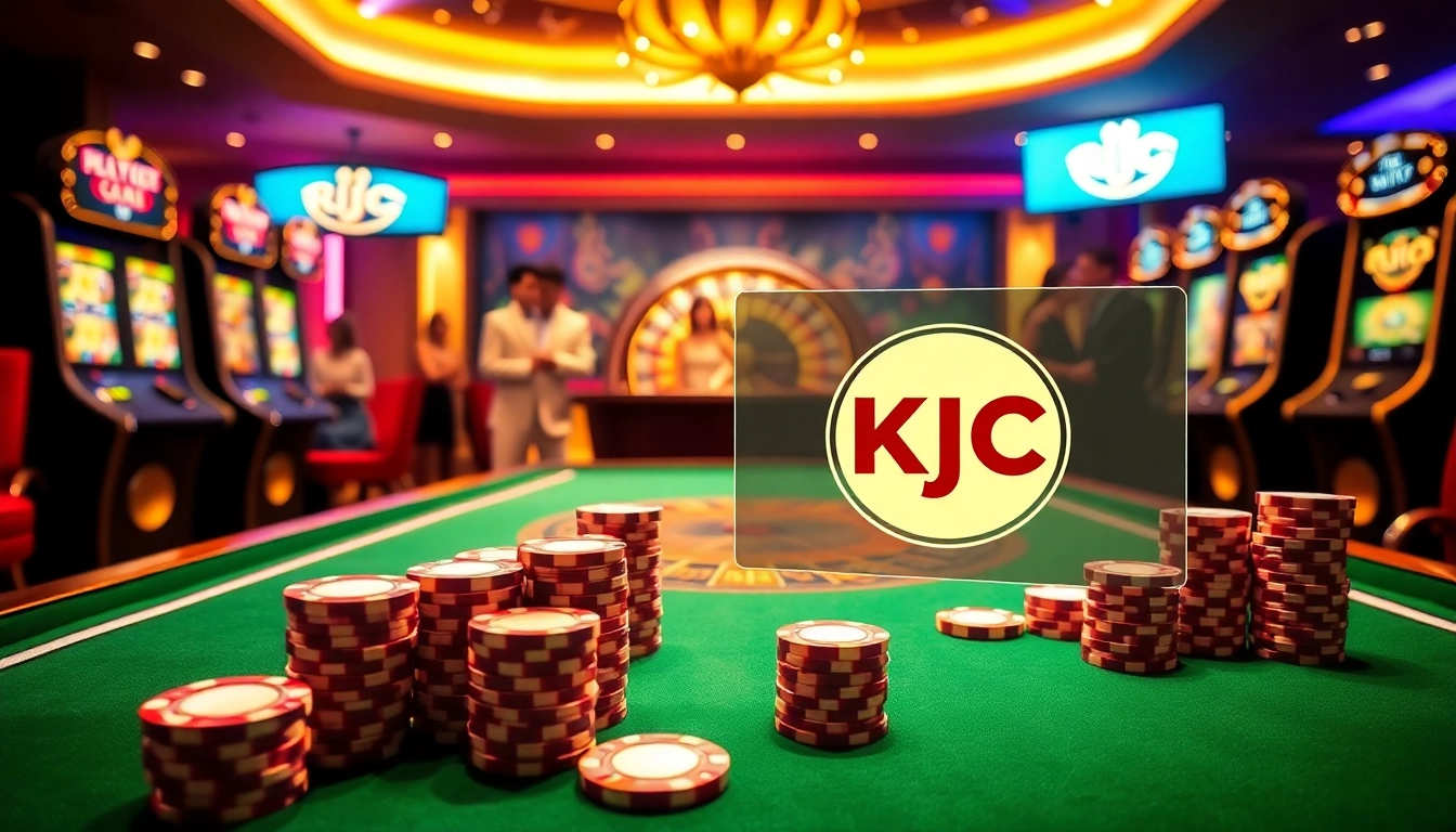 KJC poker table with colorful chips and roulette wheel in a luxurious casino setting.