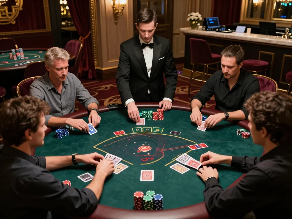 Players strategizing around a dh 88 poker table in a luxurious casino environment.