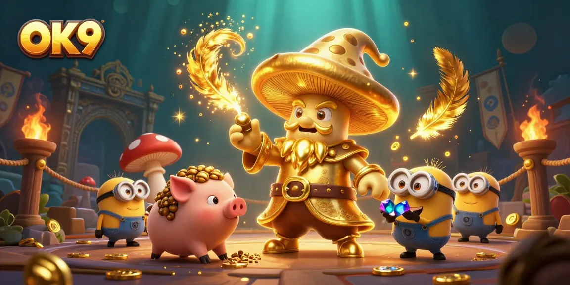 Engage with OK9's vibrant casino experience featuring golden treasures and dynamic characters.