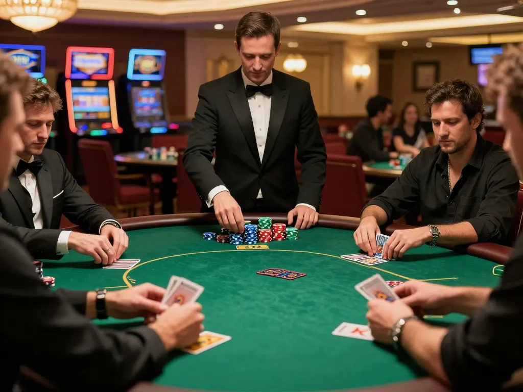 Lode88 players showcasing their poker skills at an upscale gaming table with chips and cards